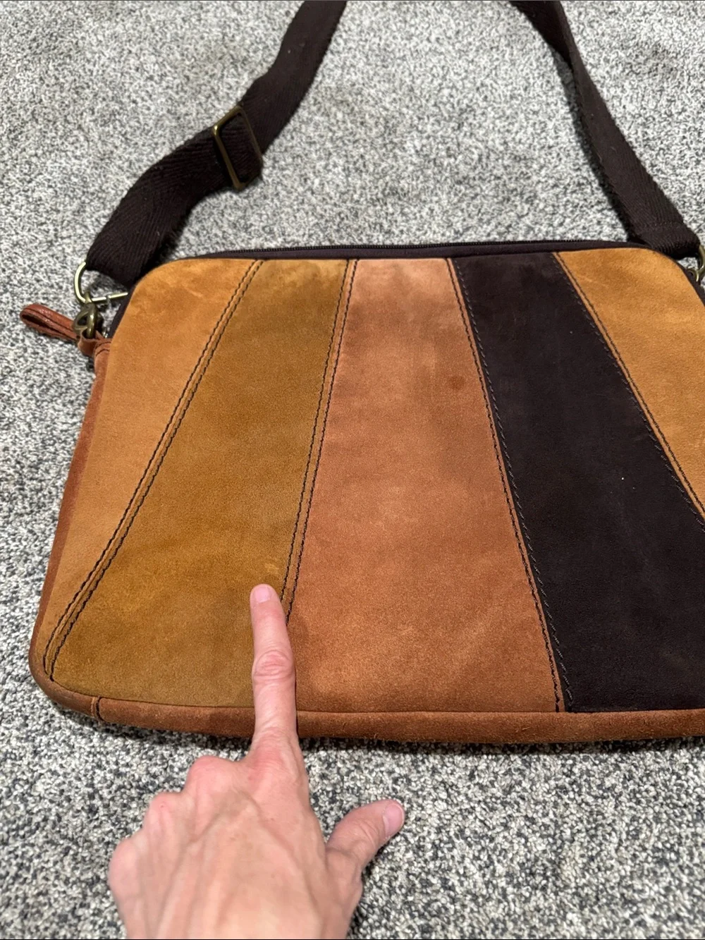 Suede Patchwork Messenger or Lap top Bag in Brown/Tan